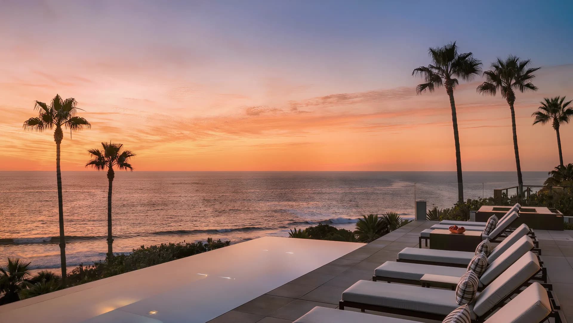 Wide coastal California sunset over the Pacific Ocean with silhouetted palm trees