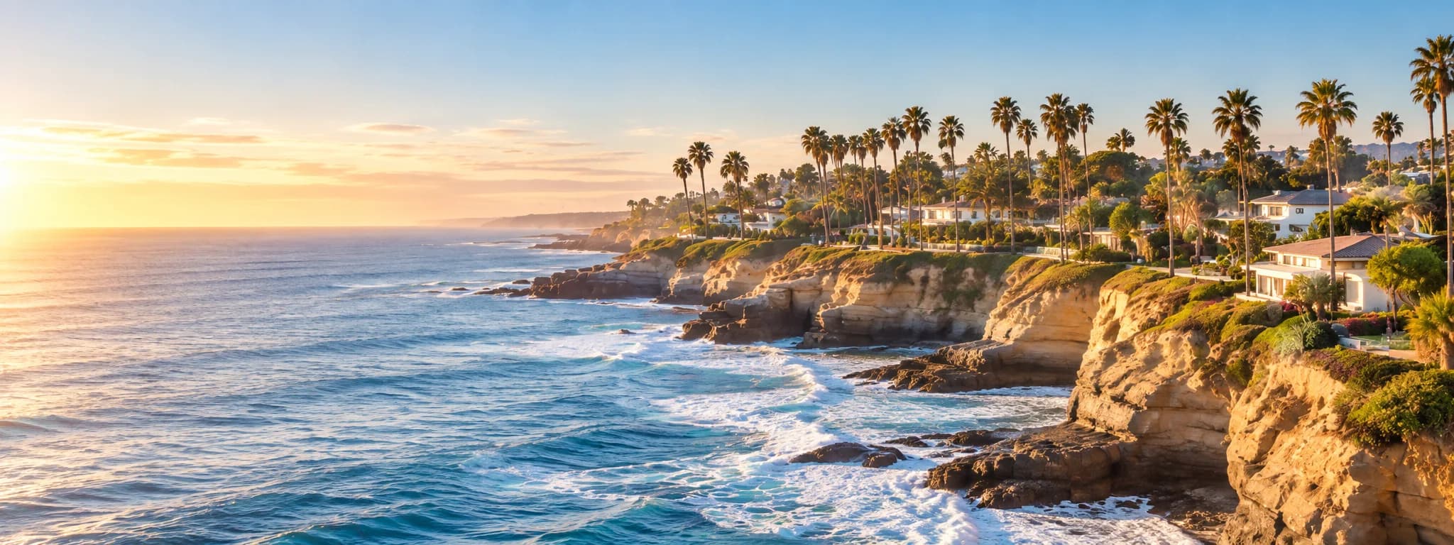 Wide cinematic view of the La Jolla coastline at golden hour, sandstone cliffs meeting the Pacific Ocean