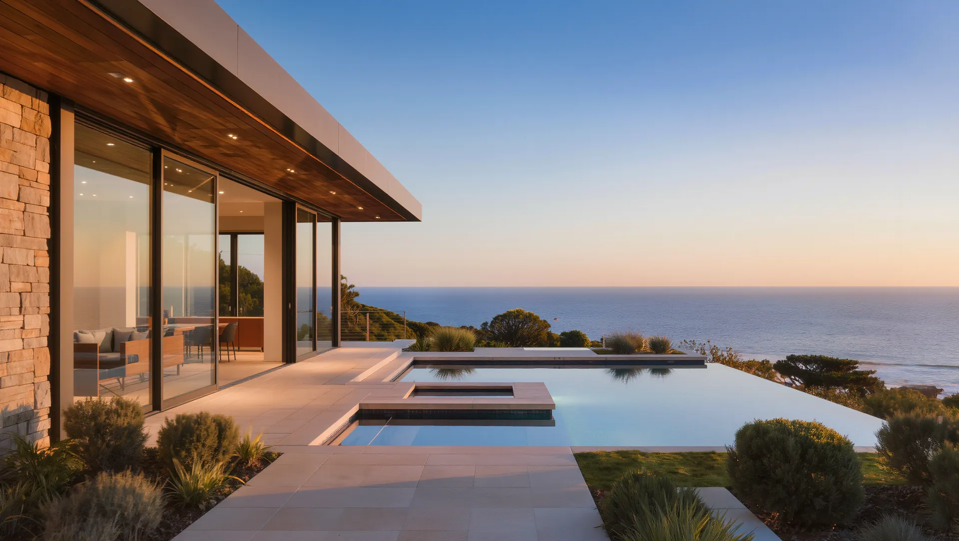 Modern luxury coastal home exterior with an infinity-edge pool terrace overlooking the ocean